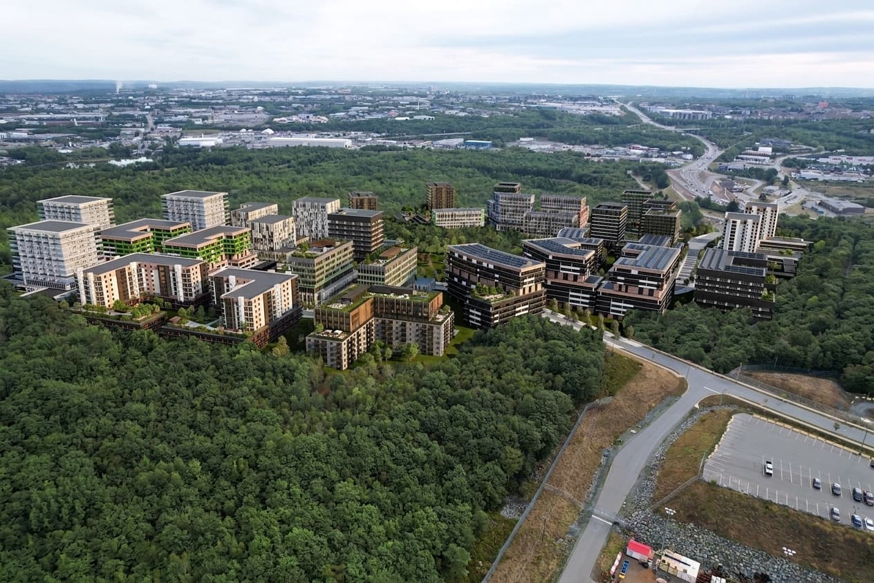 Aerial rendering of the Nova North Commons master plan, looking across the Bedford Basin