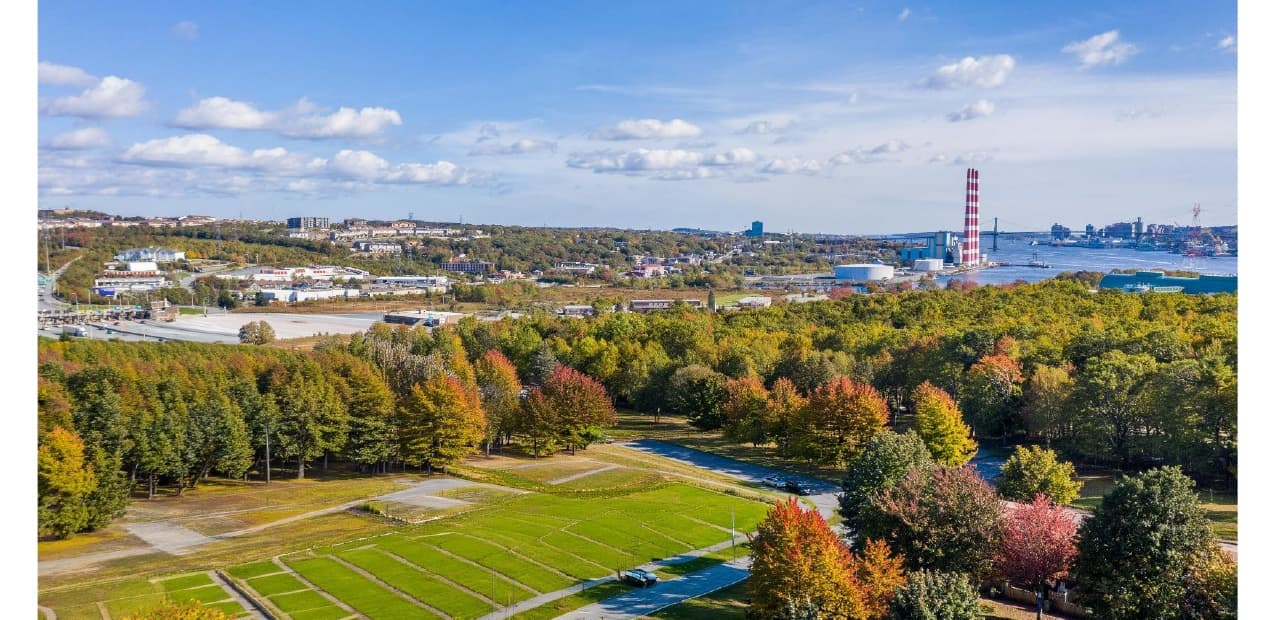 Toward the Atlantic Ocean: Dartmouth, Halifax Harbour, MacDonald Bridge, Downtown Halifax (top right)